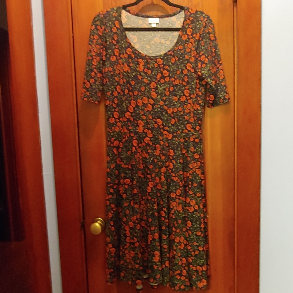 Lularoe Nicole Dress Black with Rust Colored Roses